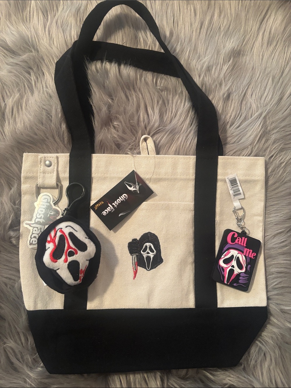 Spirit Halloween Ghost Face tote bag and Mystery Bag Clips